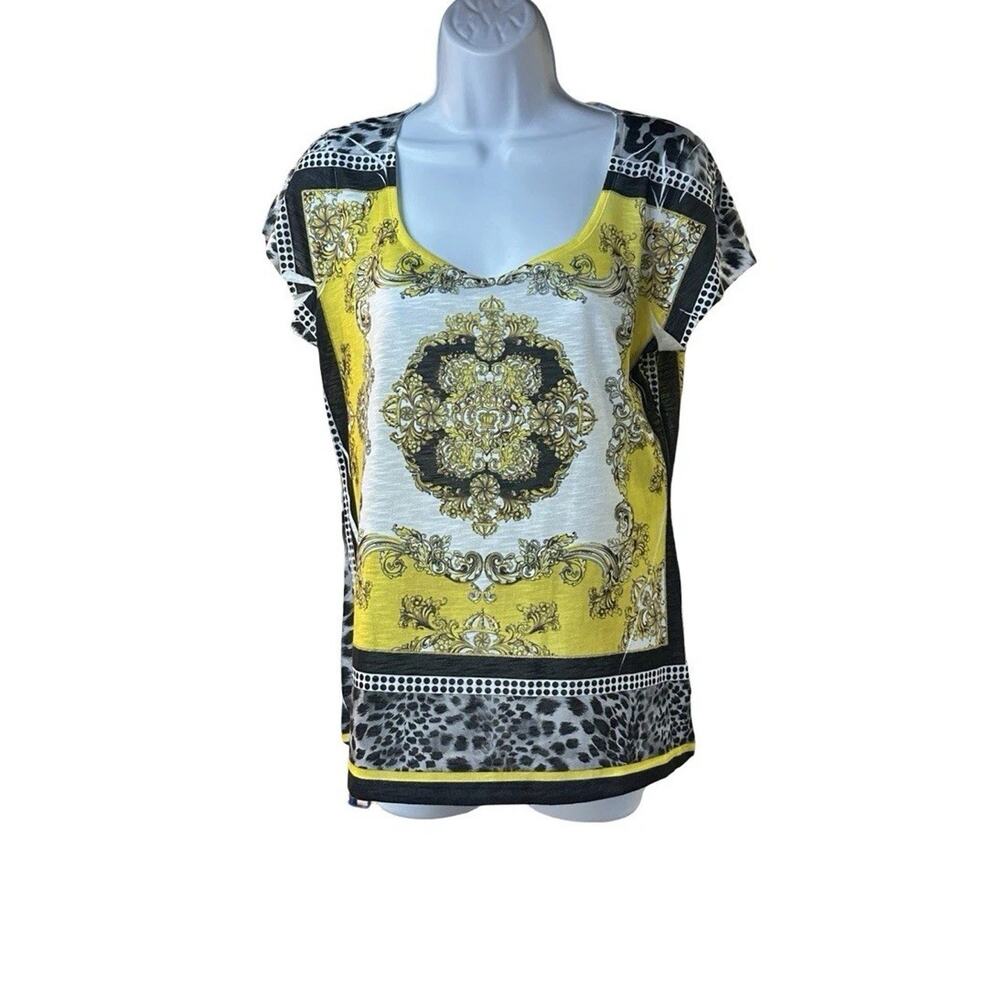 Cache Blouse Top Baroque Print Yellow Black Short Sleeve Lightweight Women’s L
